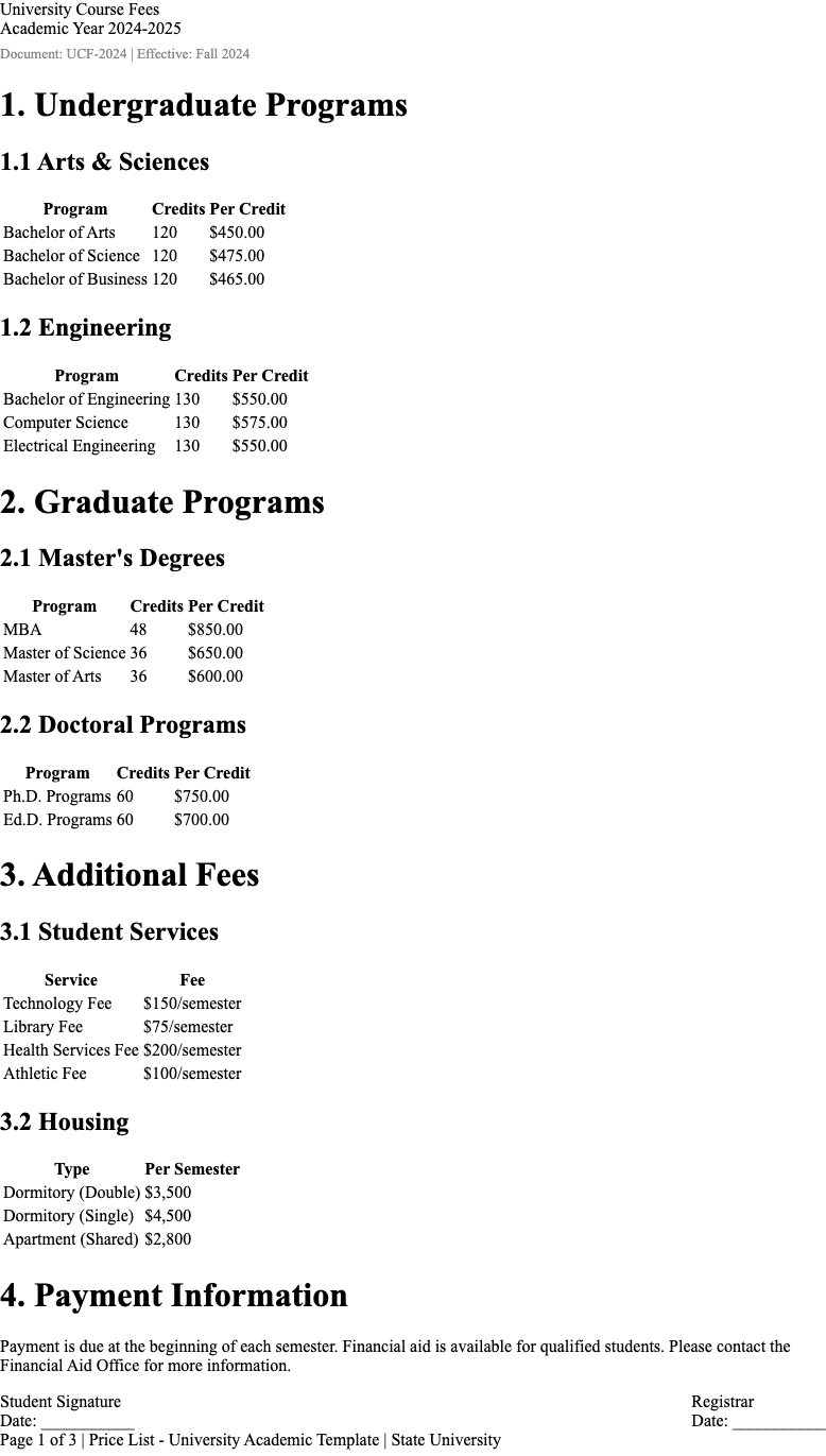 University Academic price list Template